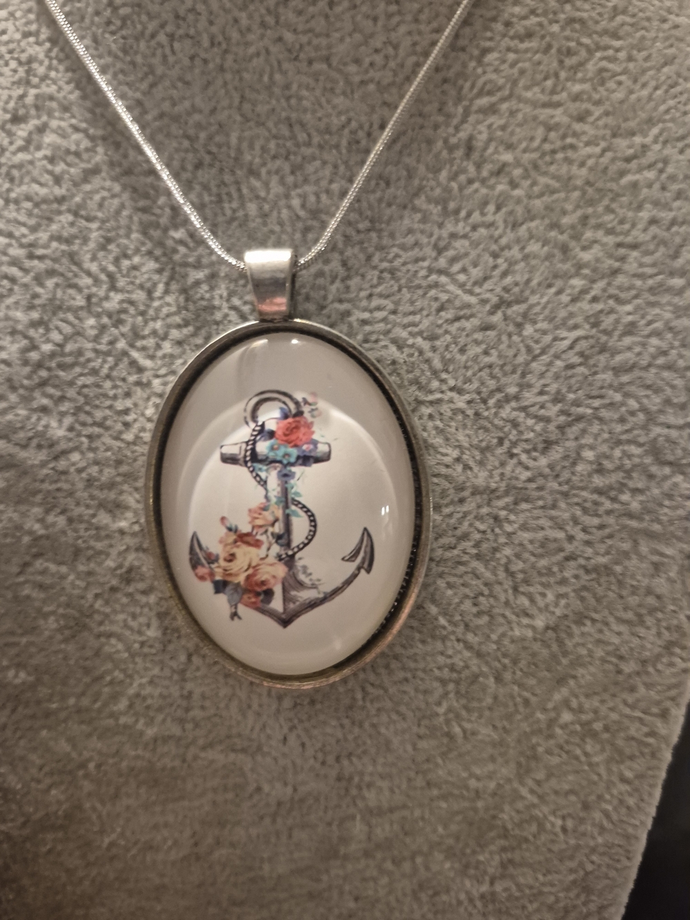 Floral Anchor Oval Pendant Necklace - Silver Tone - Women